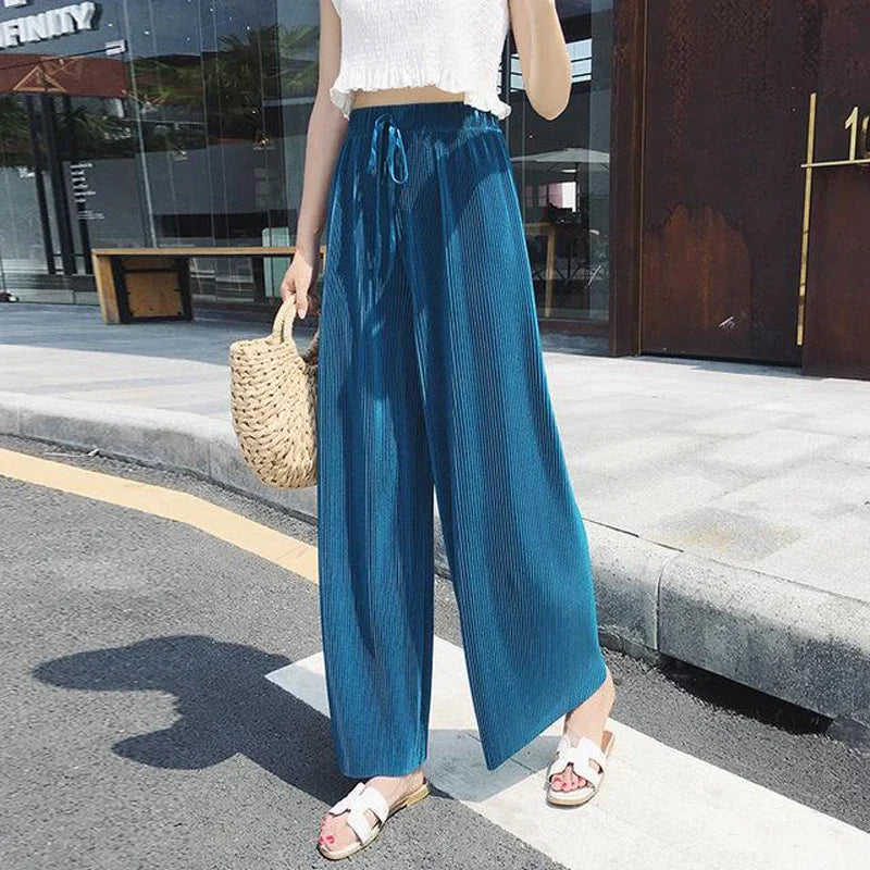 Women Fashion Summer Wide Leg Pants Pleated Ice Silk Trousers Elastic Waist Loose Casual Pants - Smarsty