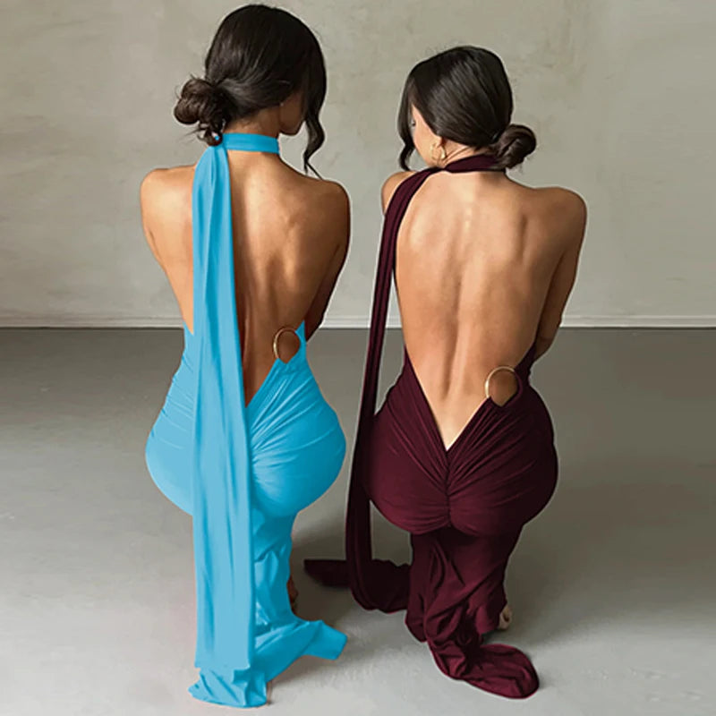Hugcitar One Shoulder Backless Adjustable Scarf Loop Ruched Sexy Maxi Dress Women Elegant Y2K Streetwear Festival Outfit - Smarsty