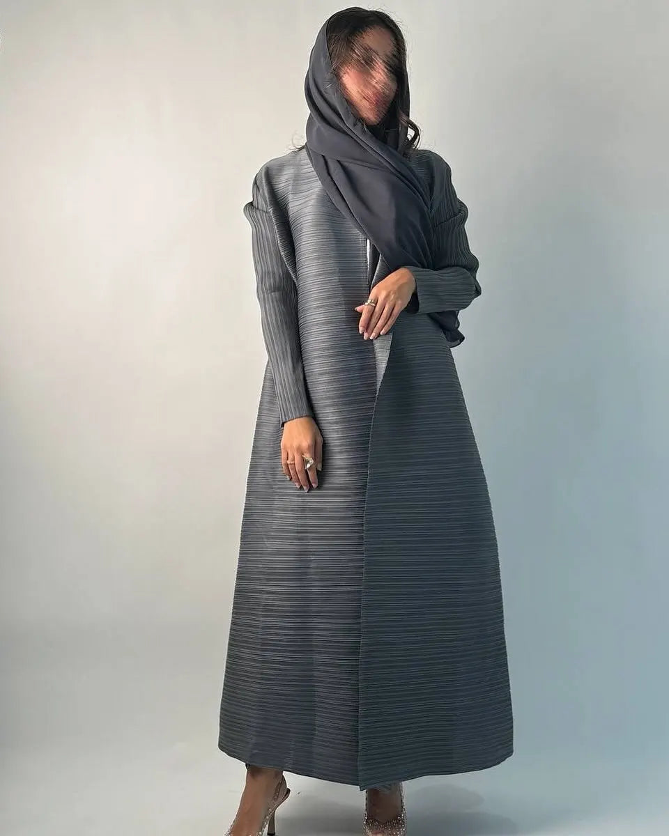Women's Fold Miyake Pleated Abaya Long Sleeve Print Foldable Collar Robe Cardigan Coat New Winter Fashion Original Design 2024 - Smarsty