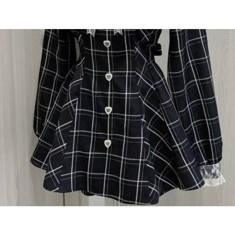 Harajuku Sweet Bow Black Plaid Dresses All-match Slim Fit Kawaii Lolita Dress for Women Autumn New Long Sleeve Vestidos De Mujer - Smarsty