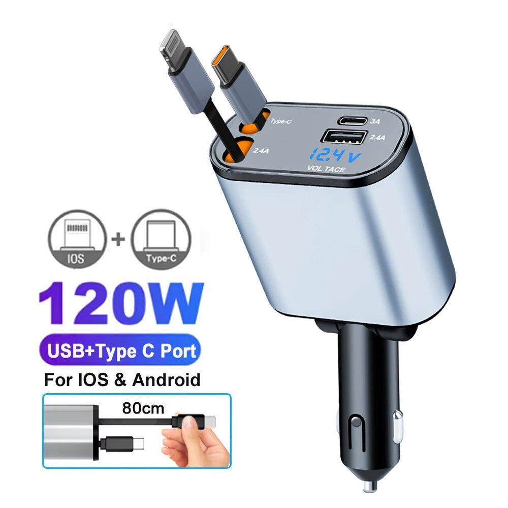 5-in-1 180W Car Fast Charger USB Type-C Power Adapter Retractable Phone Charger With Roof Starlight For IOS Android Phones - Smarsty