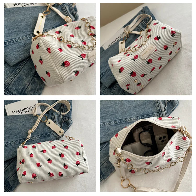 Corduroy Underarm Bag For Women Strawberry Print Mini Tote - Smarsty