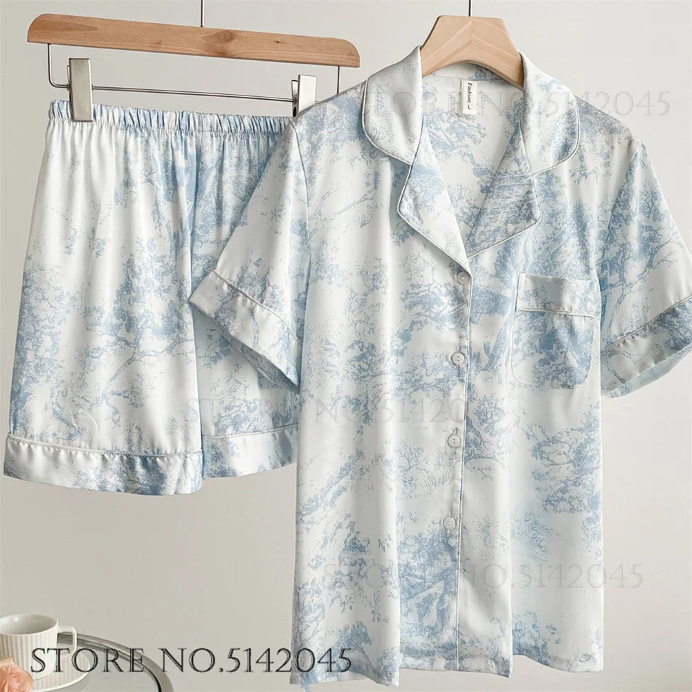 Fashion Print Flower 2PCS Pajamas Set Women Sleepwear Spring Summer Trouser Suits Lounge Wear Loose Satin Homewear Pijamas Suit - Smarsty
