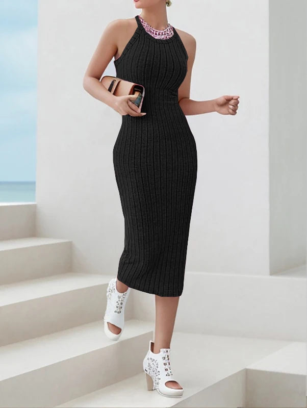 Solid Halter Neck Bodycon Midi Dress High-end temperament vest halter dress women's summer new high-waist slim temperament slim - Smarsty