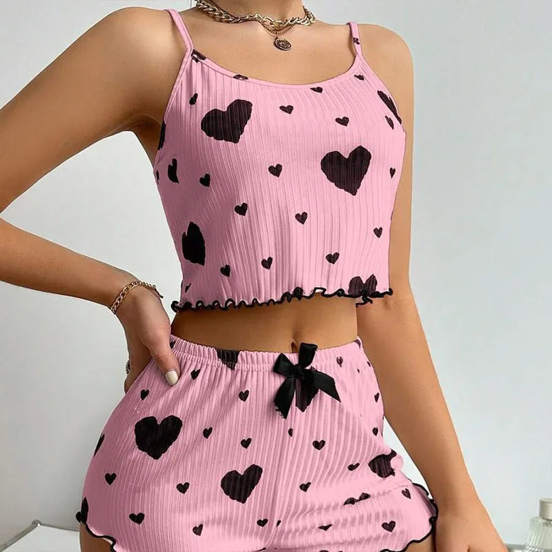 Women's Pajamas Set Sleepwear 2 PCS Short Tank Tops And Shorts S M L White Ventilate Soft Casual Love Printing - Smarsty