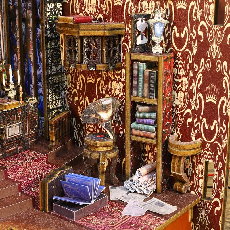 DIY Book Nook Shelf Insert Kit 3D Wooden Puzzle Doll House Assembly Building Model Bookends With Furniture LED Light Xmas Gifts by Smarsty