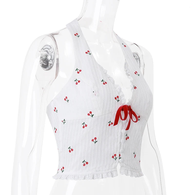 WhereMery Korean Fashion Print Halter Camis Tank Tops Summer Knitted Slim Fit Tank Top High Street Commuter Casual Women's Wear - Smarsty