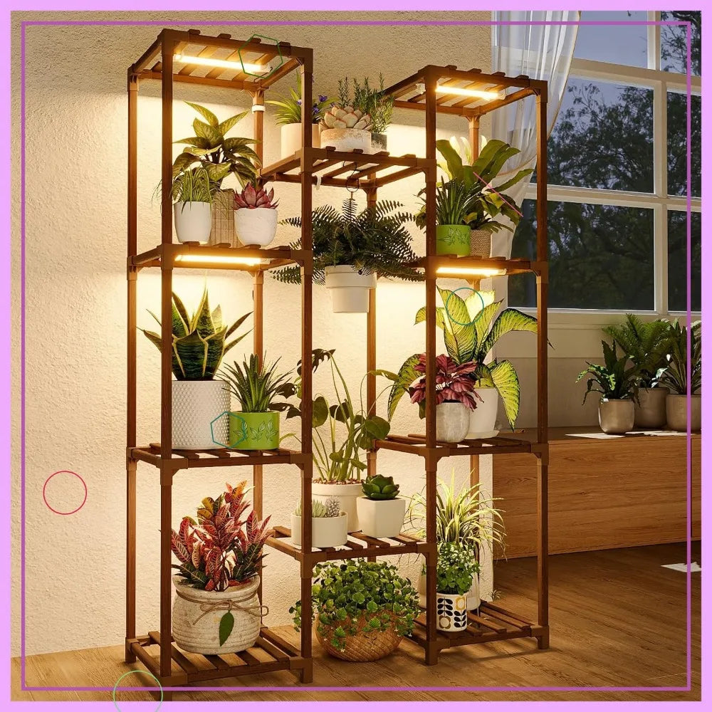 Multi-Tier Plant Stand with Grow Light, Large Wood Shelf for Indoor Outdoor Gardening Decor