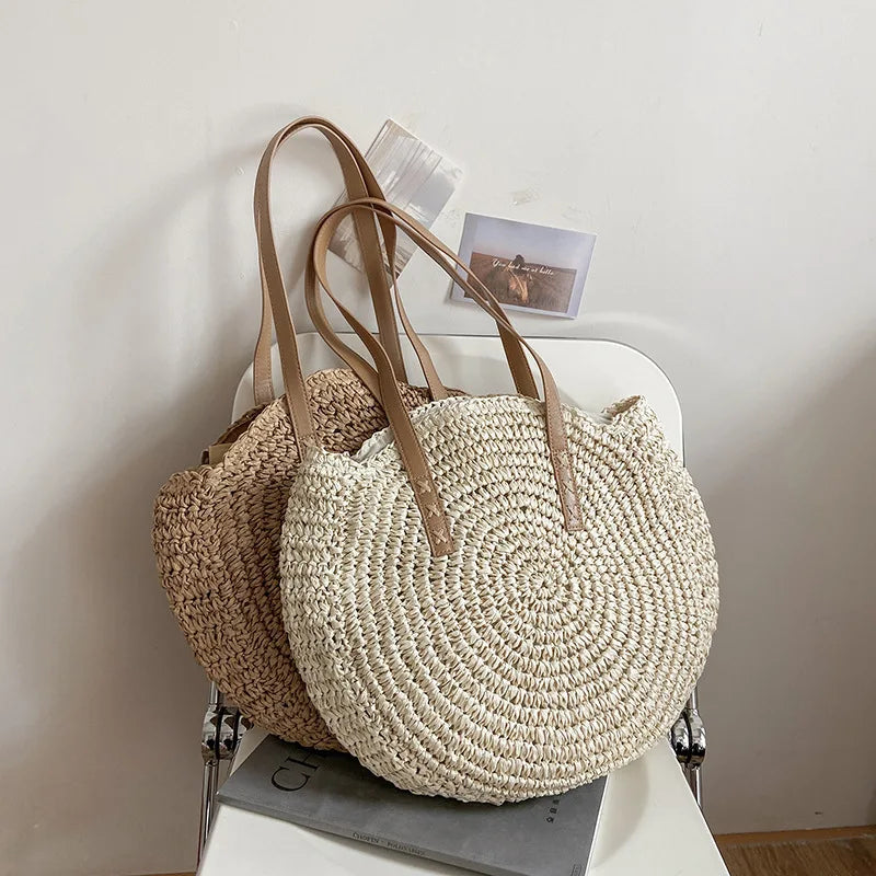 Round Straw Beach Tote for Women Large Capacity Bag - Smarsty