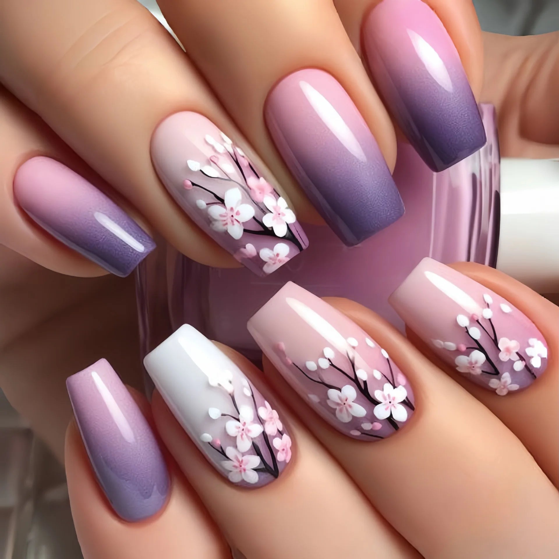 24 Piece Set Medium Long Press On Nails with Peach Flower Design - Smarsty