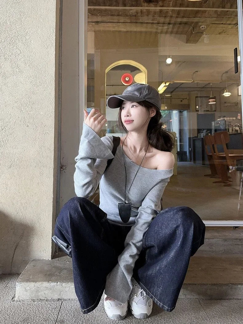 Sexy Pullovers Women Off Shoulder Cropped Knitted Basic Clothes Autumn All-match Side Slit Simple Tender Slim Gentle Seductive - Smarsty