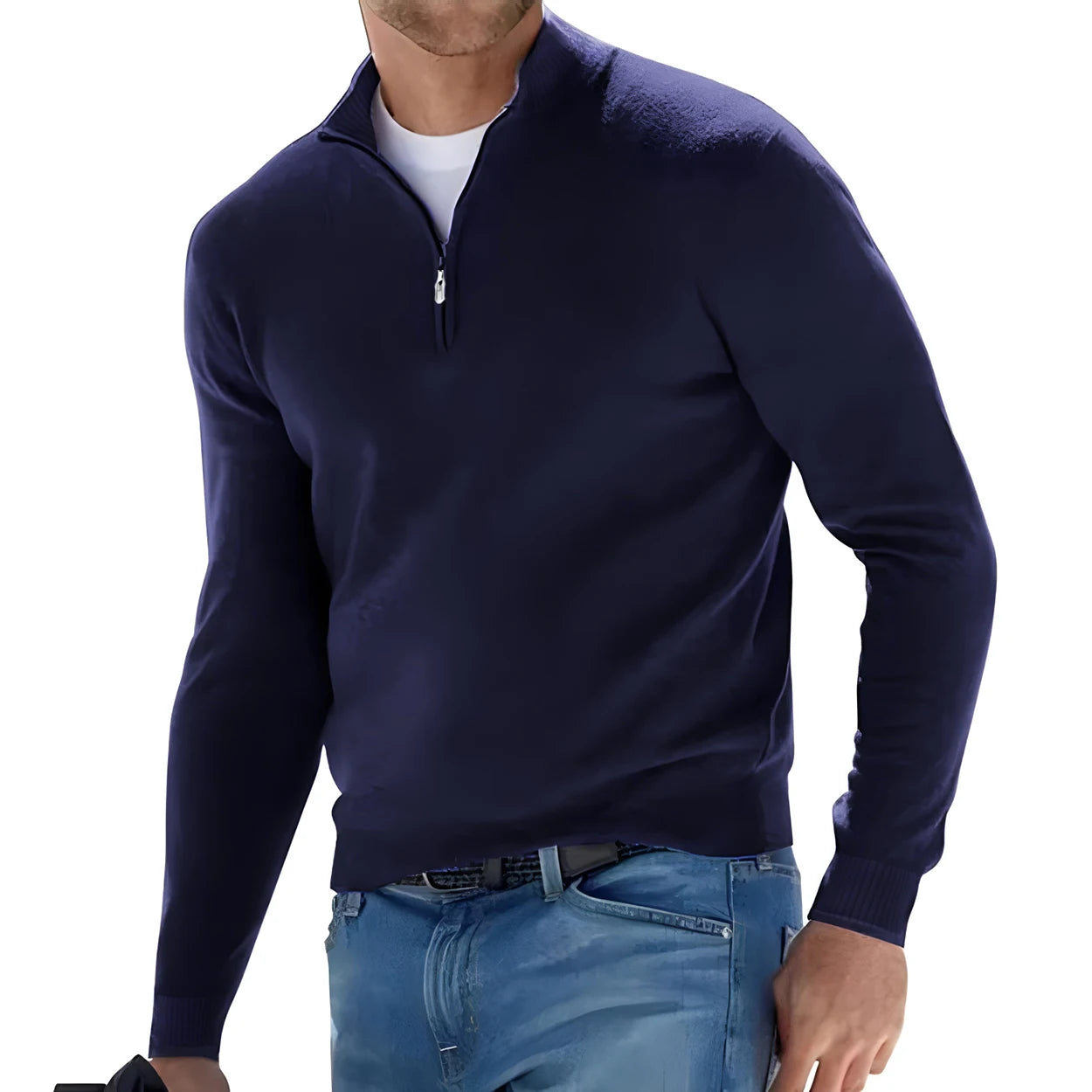 New Men's Long Sleeve Pullover Solid Color Half Zipper Sweaters V-neck Knitted Sweater Men Oversized Breathable Streetwear - Smarsty