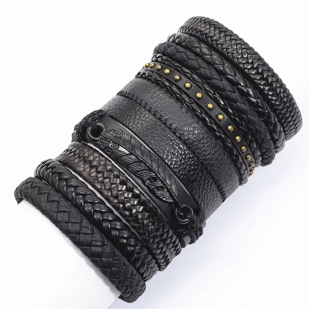 Handmade Black Leather Wrap Bracelets Set for Men and Women - Smarsty