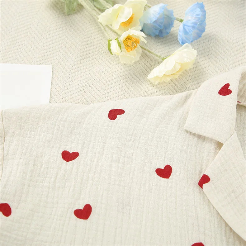 Summer New Love Heart Print Pyjama 100% Cotton Long Sleeve Set 2Pcs Outfit Lapel Sleepwear Button Down Women's Pajamas Nightwear - Smarsty