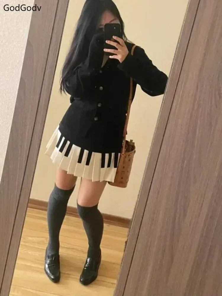 Spring Black White Spliced Women Short Skirt 2025 Y2k Slim Design Harajuku Mini Skirt Female Empire Korea Style Chic Piano Skirt - Smarsty