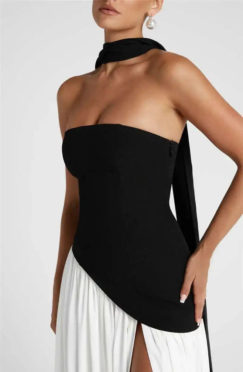 Mozision Strapless Off-shoulder Sexy Maxi Dress For Women Gown Patchwork Scarf Collar Thigh High Split Club Party Long Dress - Smarsty