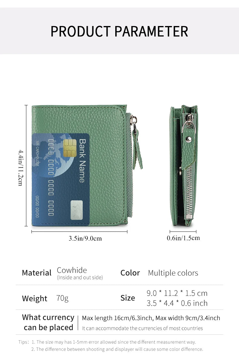 Women Genuine Leather Slim Short Wallet RFID Blocking Bi-Fold Wallet Credit Card Holder money clip wallet Zipper Coin pocket
