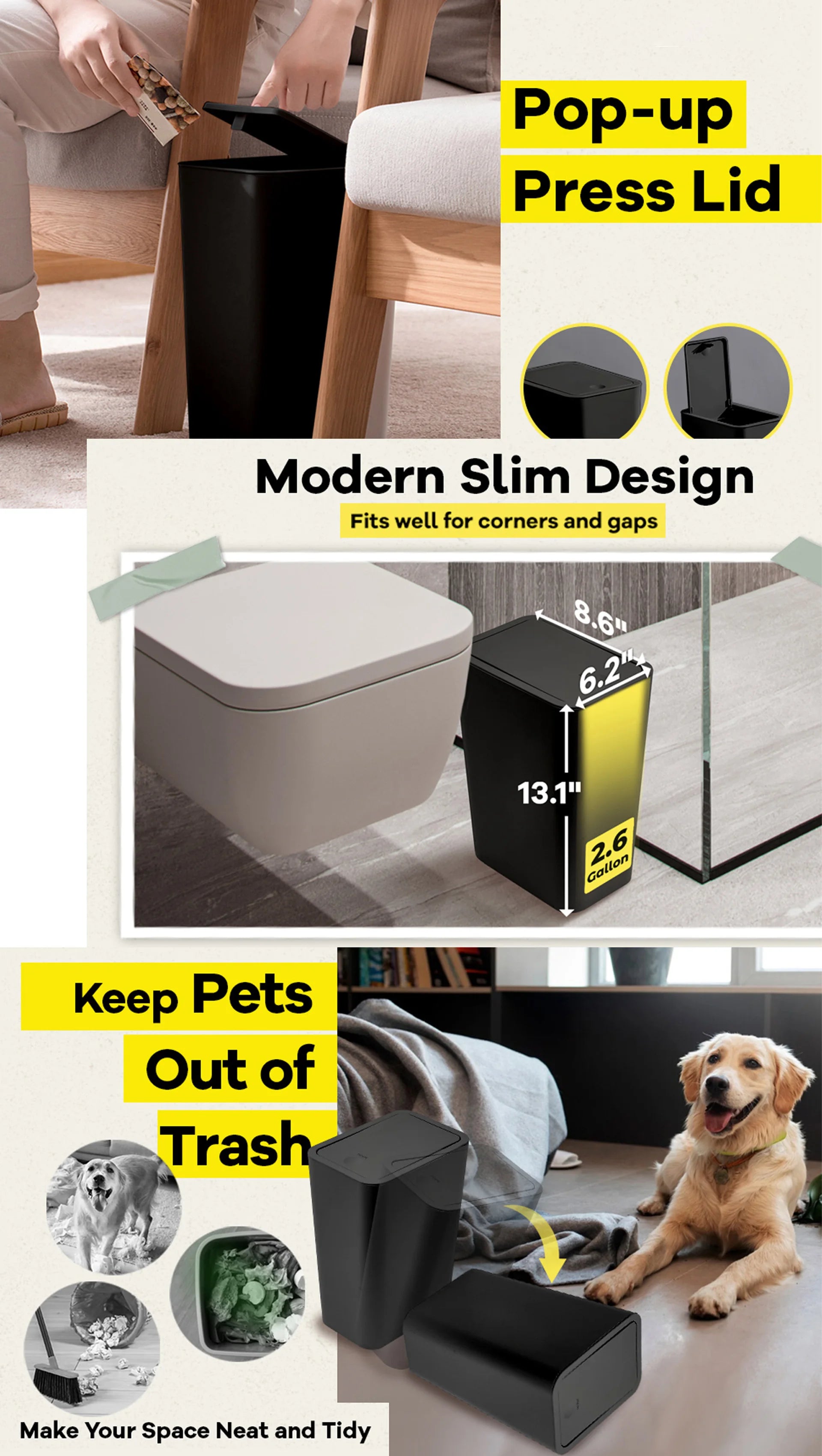 Bathroom Trash Can-10L Small Garbage Can with Press Top Lid for Toilet,Bedroom,Living Room – Plastic Wastebasket with Pop-up Lid - Smarsty