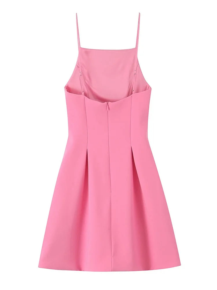 TFMLN Elegant Ladies Pink Spaghetti Strap Dress 2025 Summer New Simple Style Women Slim Short Dress Party Fashion A-Line Dress - Smarsty