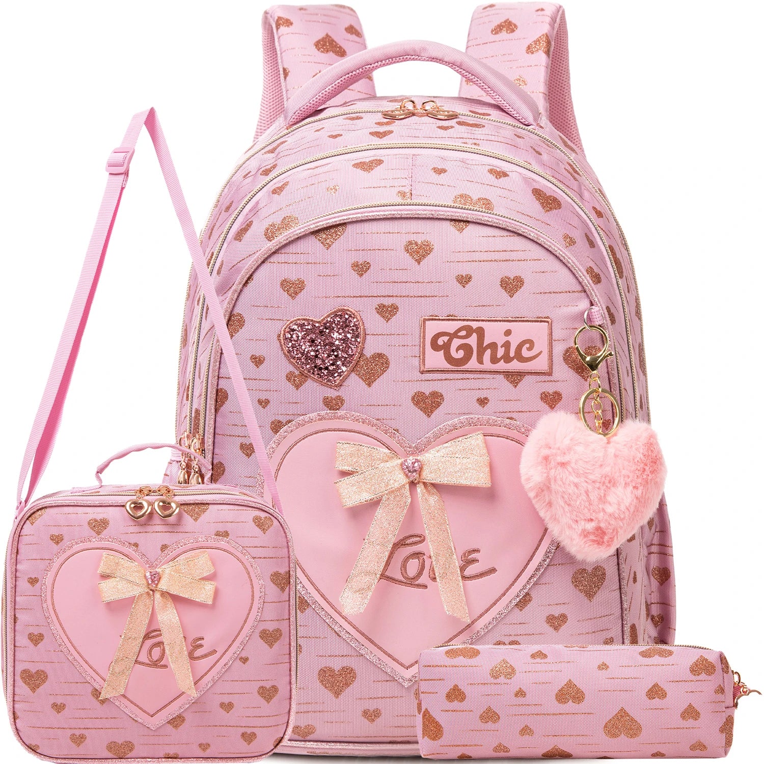 Girls Backpack With Bowknot Ribbon And Lunch Bag Pen Case - Smarsty