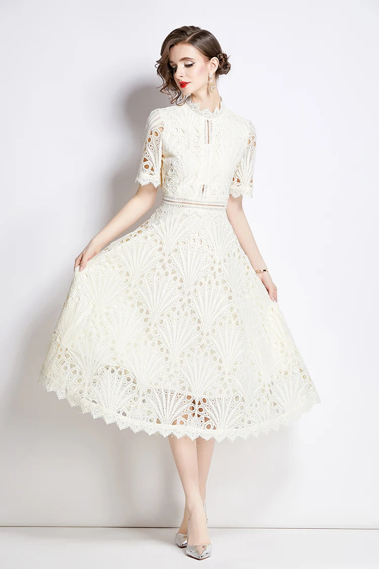 H Han Queen Spring New Elegant Casual Work Party Dresses Floral Crochet Hollow Out Lace Patchwork Casual Office Midi Dress - Smarsty