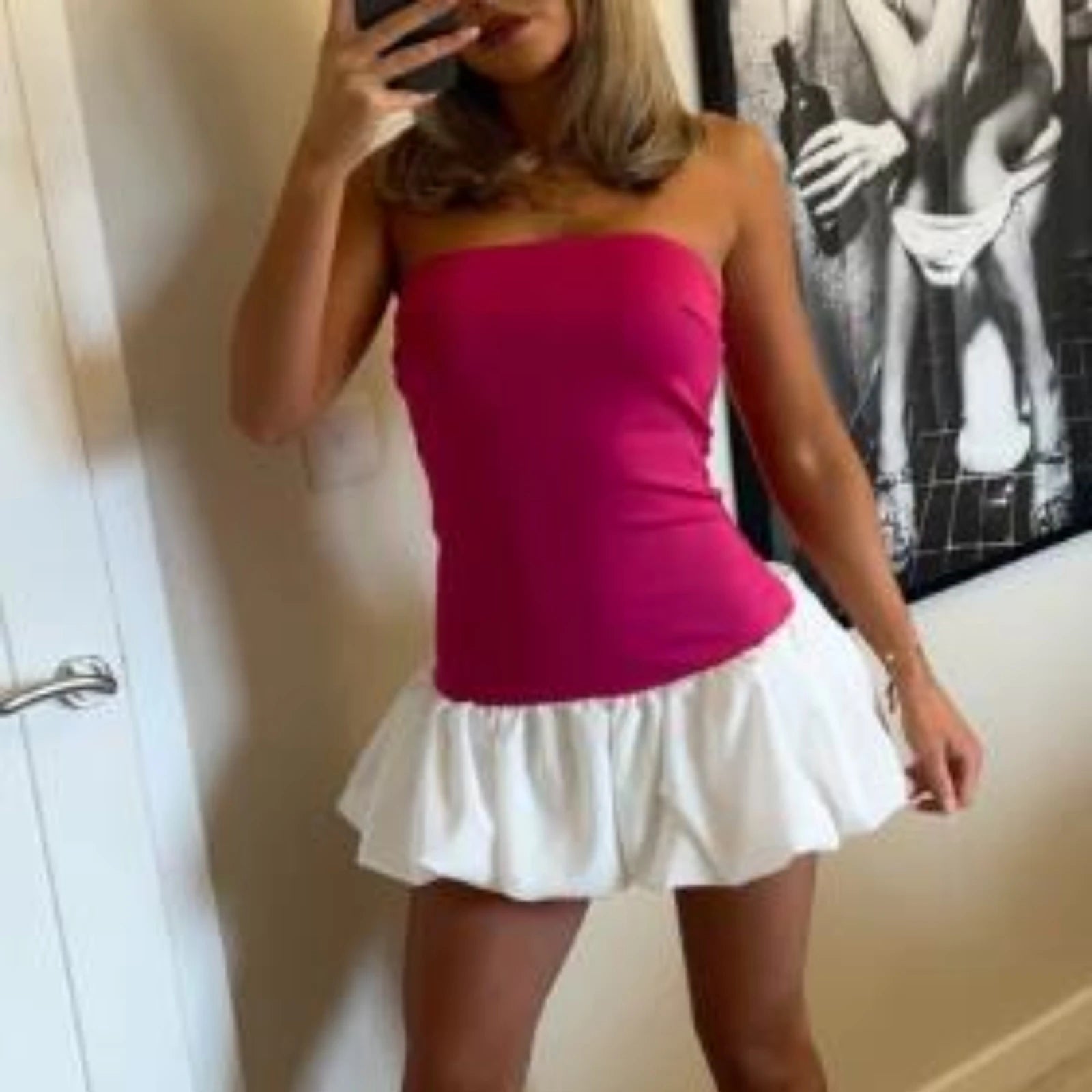 Sexy Strapless Mini Dress NEW Summer Solid Color Puff Bubble Short Gown Dress Off Shoulder Party Dress for Cocktail Streetwear - Smarsty
