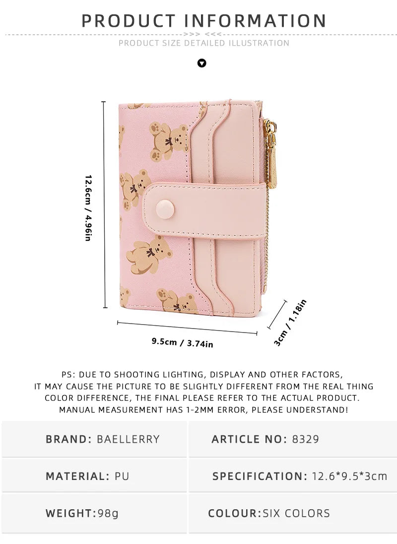 Women Short Wallets PU Leather Female Bifold Purses Cute Bear Card Holder Wallet for Girl Small Zipper Wallet with Coin Purse - Smarsty