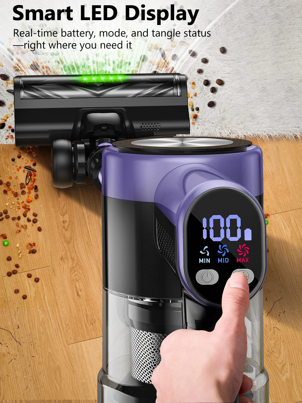 500W/55KPA Self-Standing Cordless Vacuum Cleaner,60 Mins Handheld Vacuum Cleaners,Smart LED Screen Vacuum for Carpet/Pet Hair - Smarsty