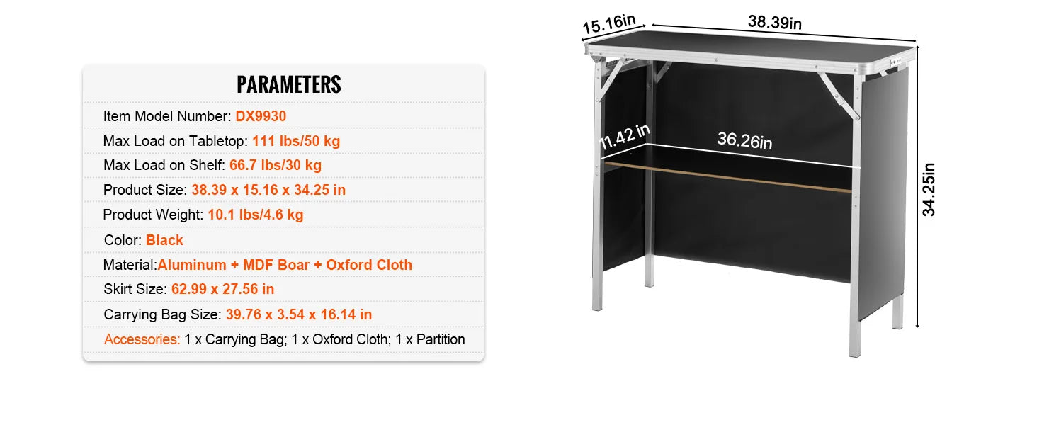 SucceBuy Folding Portable Bar Table Tradeshow Podium Table for Party Picnic Exhibition Include Carrying Case Storage Shelf Skirt