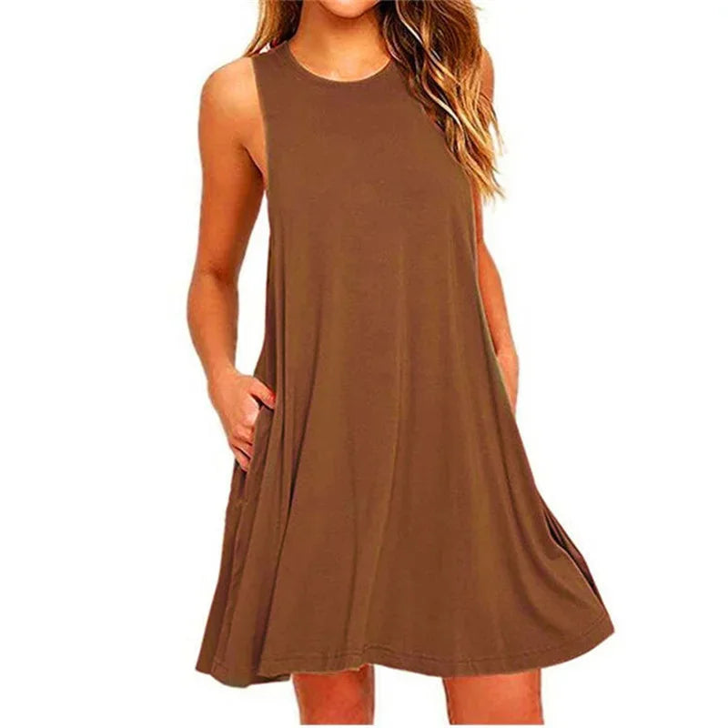 Women's Dress Summer Casual T Shirt Dresses Beach Cover up Plain Pleated Tank Pockets Dress - Smarsty
