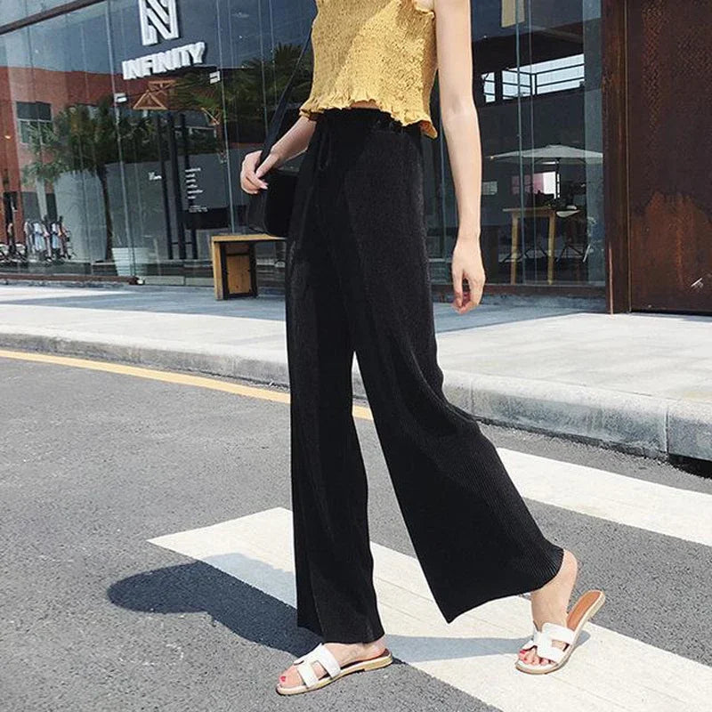 Women Fashion Summer Wide Leg Pants Pleated Ice Silk Trousers Elastic Waist Loose Casual Pants - Smarsty