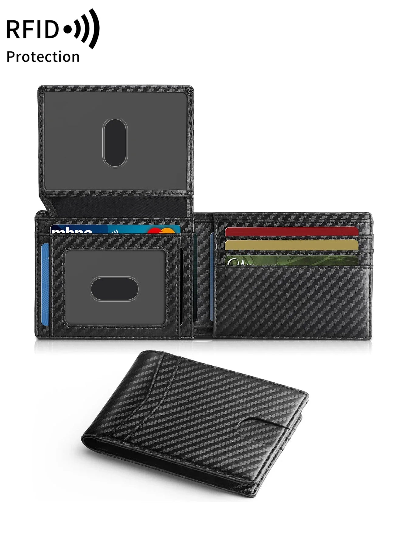 RFID Blocking Ultra-thinTrifold Wallet Carbon Fiber Pattern Portable Credit Card Holder,with2 ID Windows and Multiple Card Slots - Smarsty