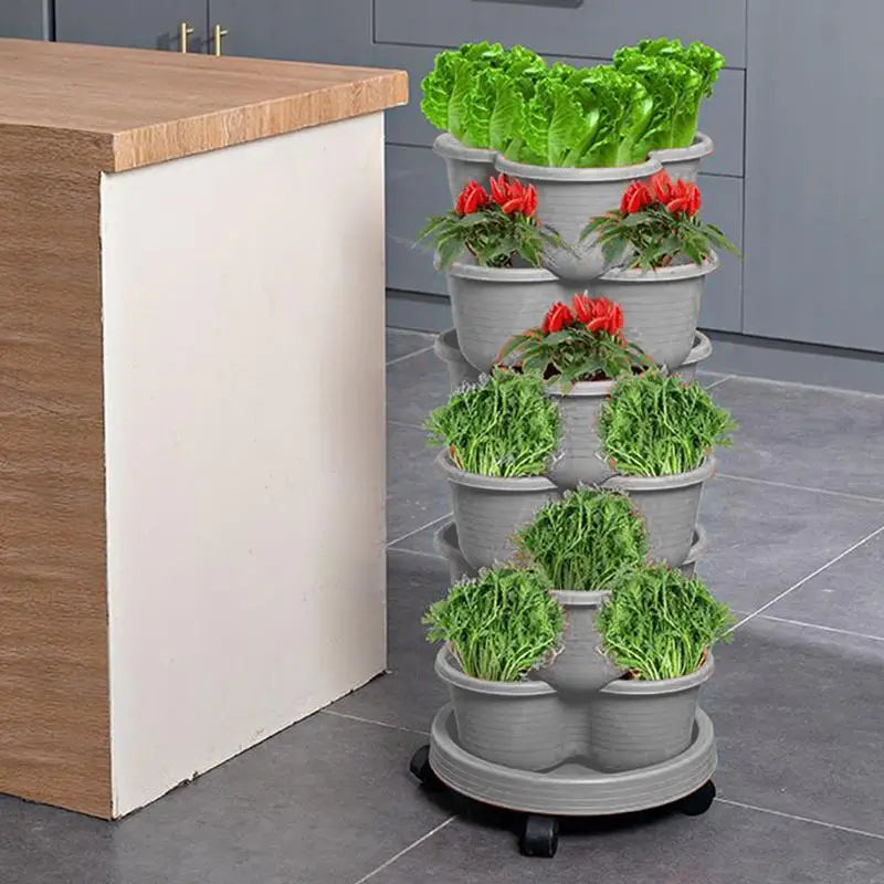 Plastic Stackable Vertical Flower Pot Multi-layer Garden Planter Tower with Movable Casters for Strawberry vegetable Frame Grow