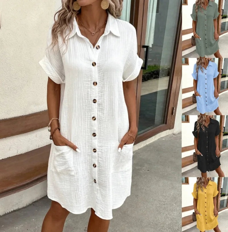Women's Fashion Summer Minimalist V-neck Button Up Dress Woman Cotton Linen White Short Sleeved Pocket Casual Loose Shirt Dress - Smarsty