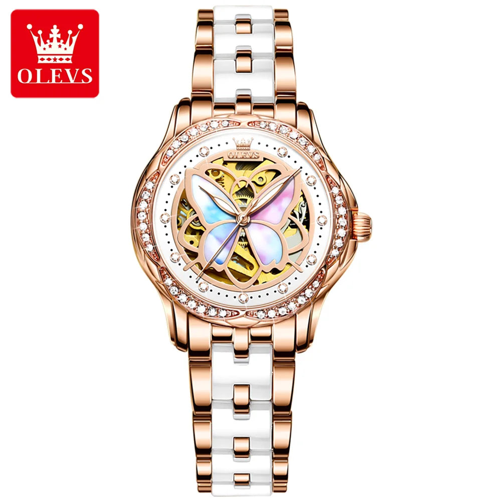 OLEVS 6615 Womens Watch Original Bezel Ceramic Mechanical Automatic Wristwatch Waterproof Luminous Ladies Watch Butterfly Dial - Smarsty