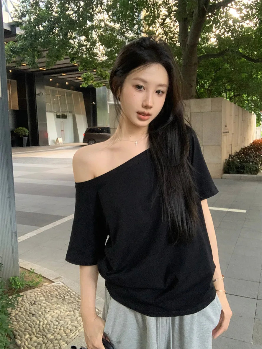 Sexy Pullovers Women Off Shoulder Cropped Knitted Basic Clothes Autumn All-match Side Slit Simple Tender Slim Gentle Seductive - Smarsty