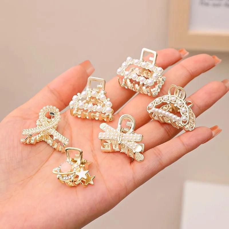 Mini Rhinestone Pearl Hair Claws For Women Sweet Geometric - Smarsty