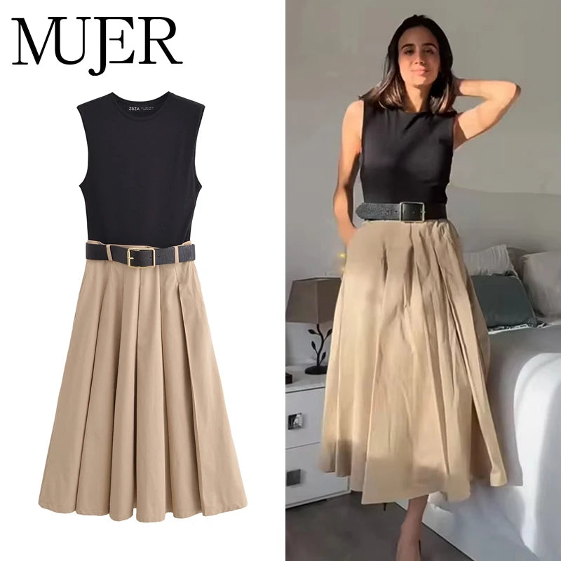MUJER 2025 Woman Dresses Belt Pleated Midi Dress Women Sleeveless Summer Dress Woman Knitted Party Dresses for Women Sundress - Smarsty