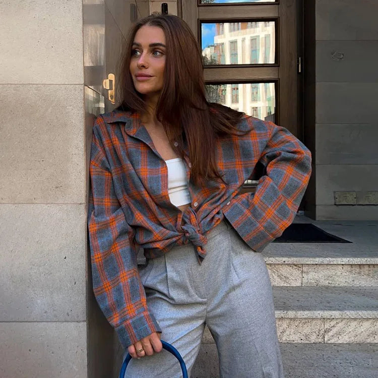 Oversized Plaid Shirt Autumn Winter Women Vintage Long Sleeve Fashion Loose Lapel Pocket Shirt Fit Blouse Korean Style - Smarsty