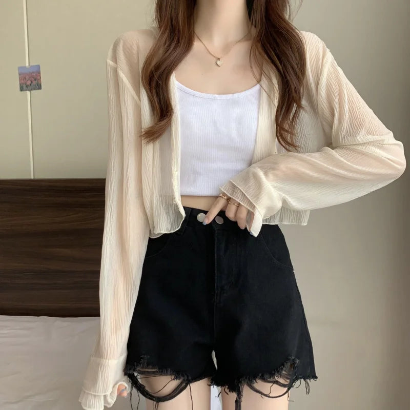 2025 Fairy Style Solid Cardigan Women Summer New Long Sleeve Sunscreen Sweet Beading V-neck Basics Loose Chiffon Cardigan - Smarsty