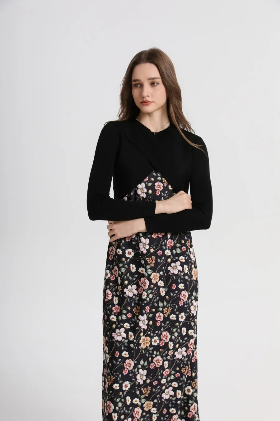 AS 2025 spring summer elegance satin dress + knitted top match set maxi floor length woman clothes