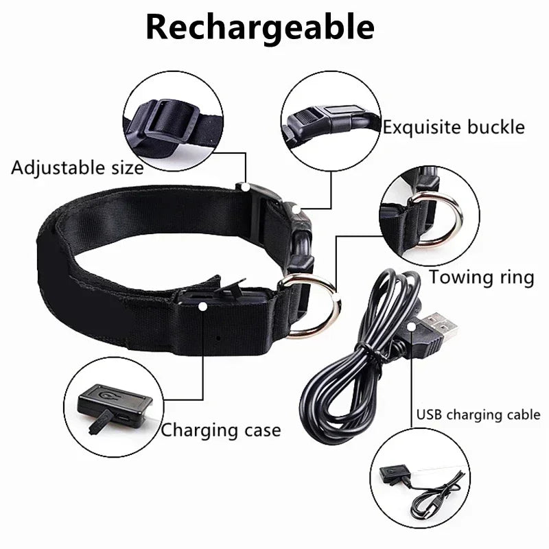 LED Glowing Dog Collar Adjustable Rechargeable Night Safety - Smarsty