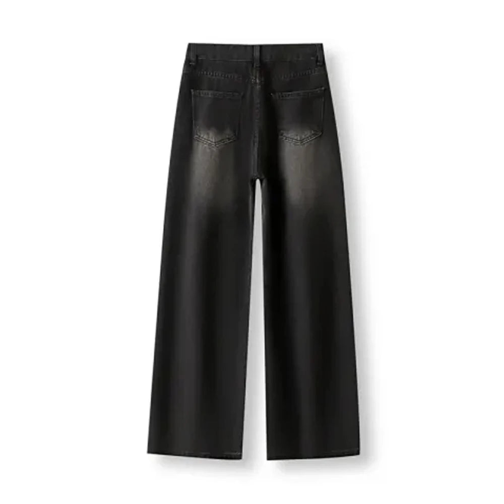 Korean Vintage High Waist Women's Jeans Y2K Slimming Pear-Shaped Loose Straight Bell Bottoms Black Gray Baggy Denim Trousers - Smarsty