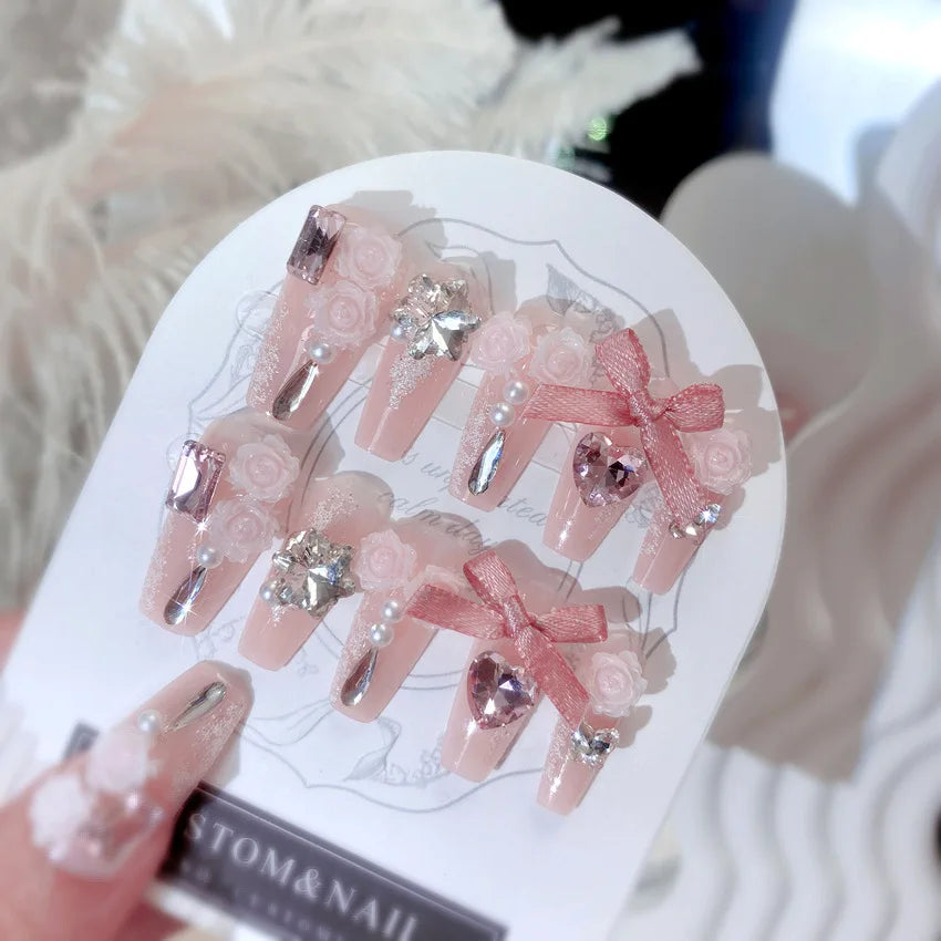 24pcs Pink Crystal Bow Press On Nails for Girls - Smarsty