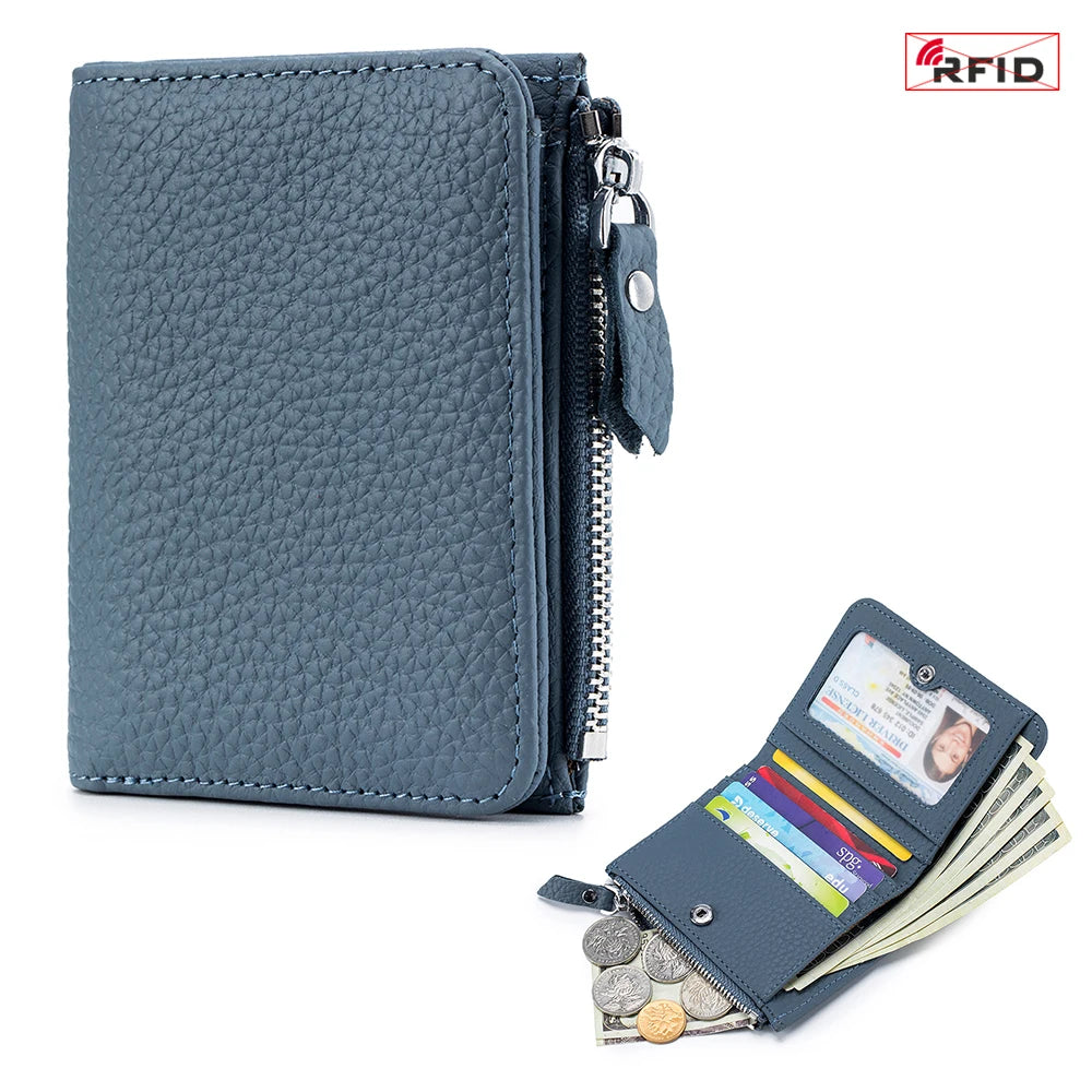 Genuine Leather Men Women Cute Short Wallet Luxury Solid Zipper Coin Purse rfid Bank Credit Card Holder Slim Small Money Bag
