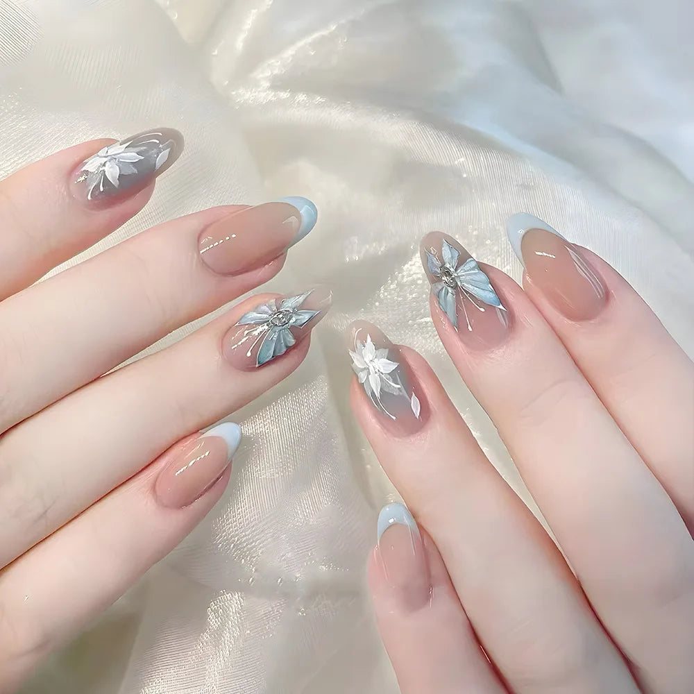 Romantic 24pcs Blue French Style Press On Nails - Smarsty