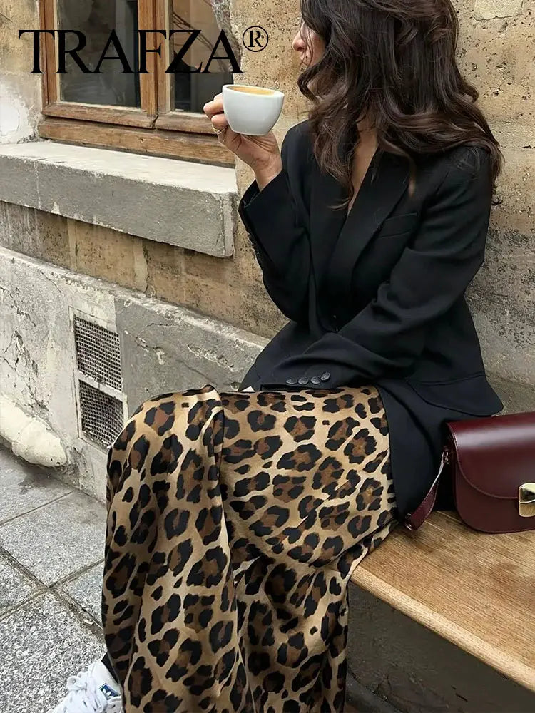 TRAFZA 2024 Women Fashion Leopard Print Skirt Vintage High Waist Midi Skirts Elegant Women Summer Casual Streetwear Skirt - Smarsty