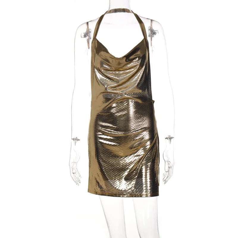 Sexy and Fashionable Women's Elegant Short Dress with Hanging Neck Backless Bottom Chest Sequin Party Girl Dance Dress - Smarsty