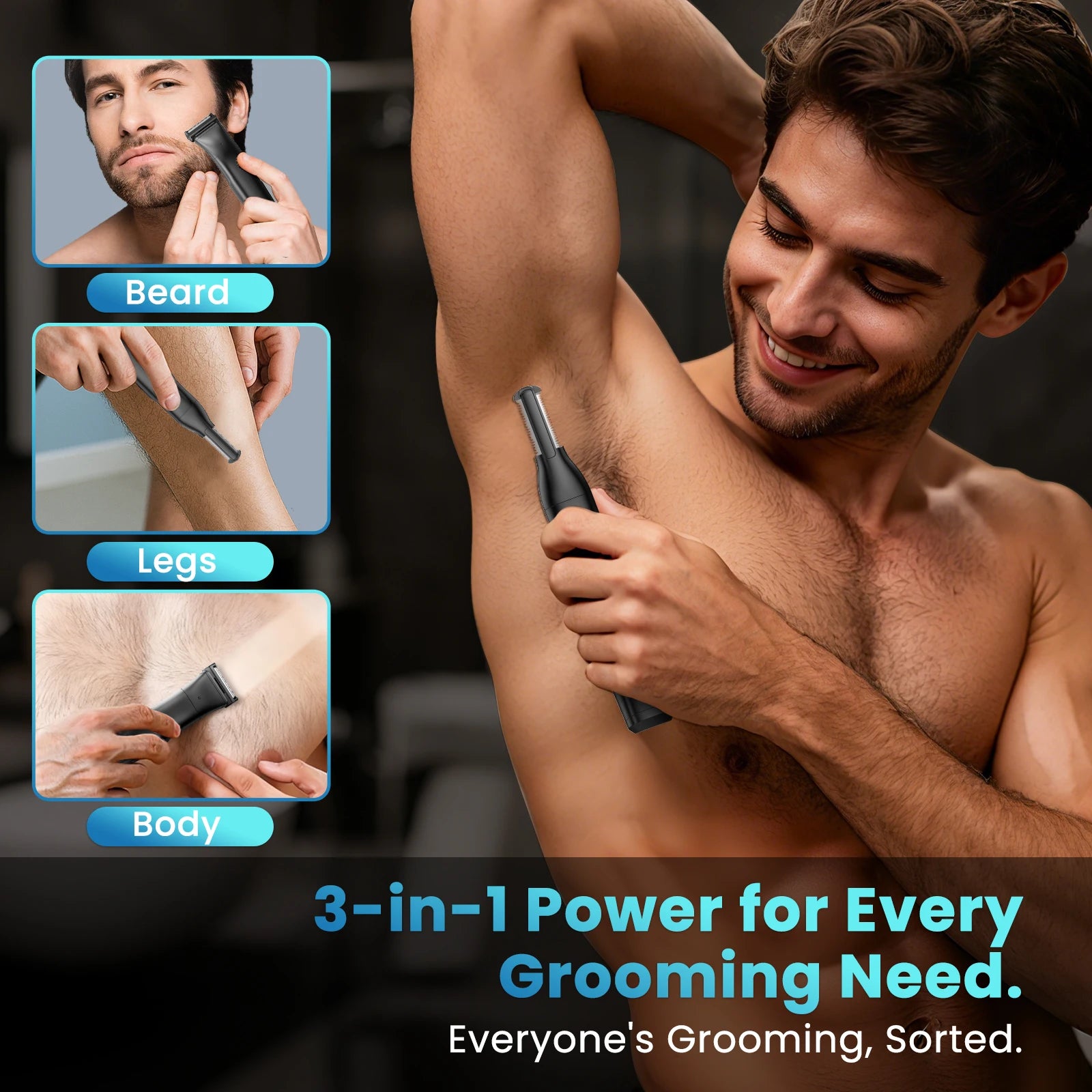 MAXGROOM 3 in 1 Men Bidirectional Body Hair Trimmer Electric Shaver IPX6 Waterproof Double-edged Razor Whole Body Hair Trimmer