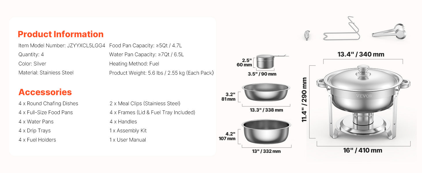 SucceBuy 4 Pack Chafing Dish Buffet Set Stainless Steel Chafer w/4 Full Size Pan Round Catering Warmer Server for Party Banquets